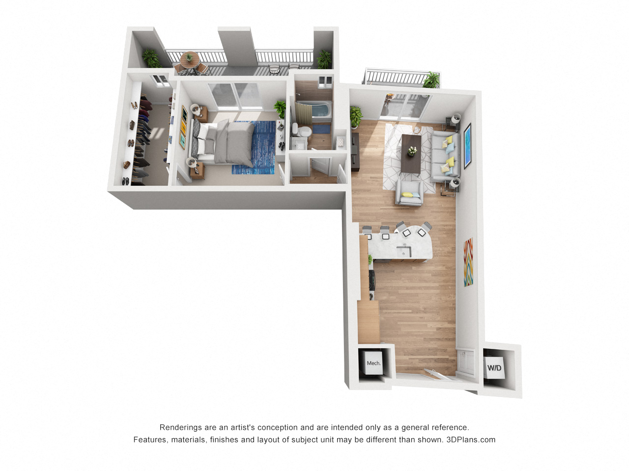 Floor plan for 1 bed, 1 bath, 973 sqft